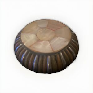Vintage Round Ribbed Brass Indian Trinket Box - Mother of Pearl - Pill Box
